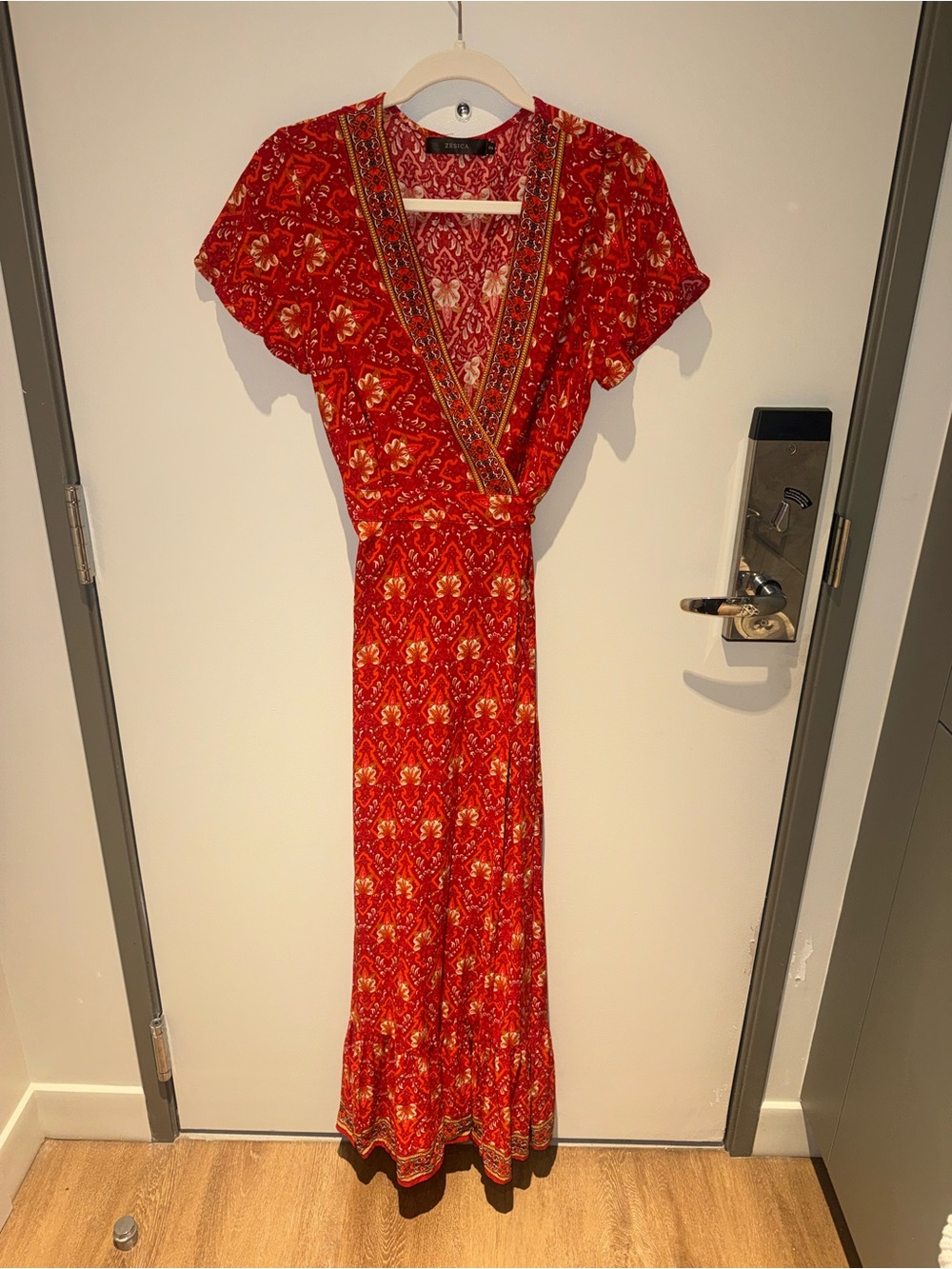 Red Floral Wrap Maxi Dress with Short Sleeves - Picture 2 of 4